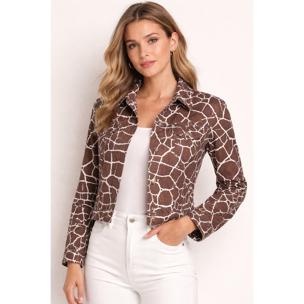 Escada Crop Sport Jean Jacket Women's 40 (US 8/10) Giraffe Print Long Sleeve